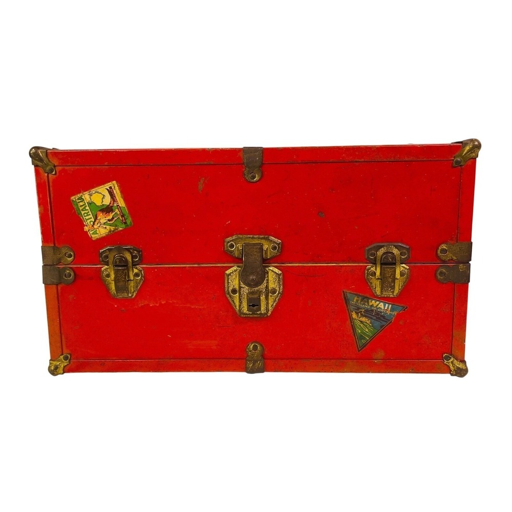 Vintage Red Metal Steamer Trunk Fair 16x9x9 Travel Decals Industrial Decor Chest